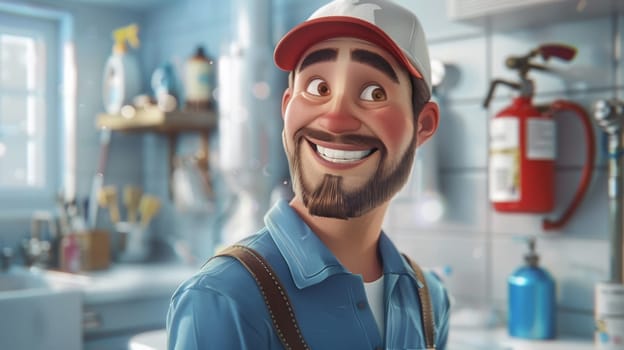 A cartoon character with a beard and hat smiling in the kitchen