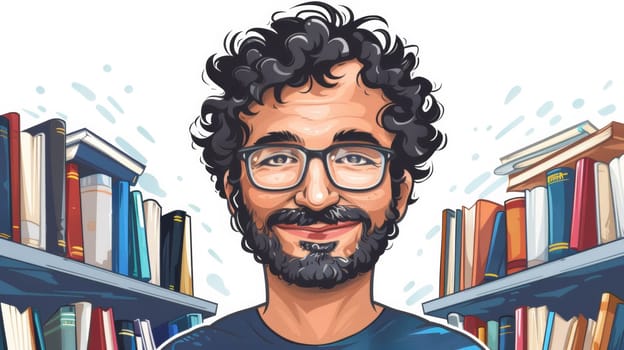 A cartoon of a man with glasses and curly hair in front of bookshelves