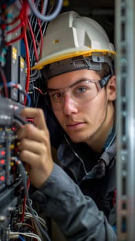 A man in a hard hat looking at some wires