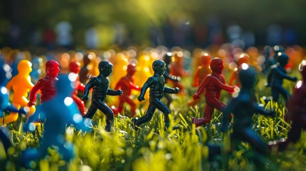 A group of small figurines are running in a field