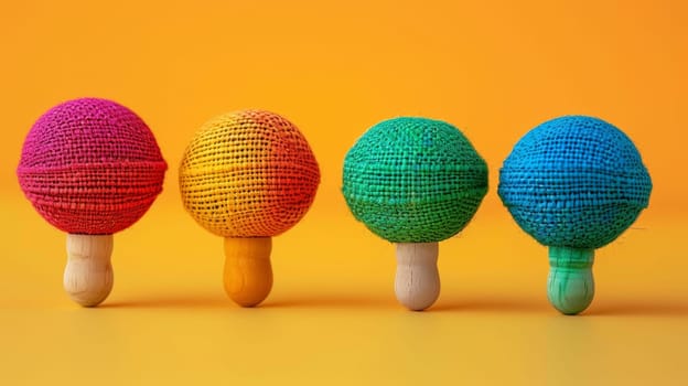 A row of colorful maracas on a yellow background