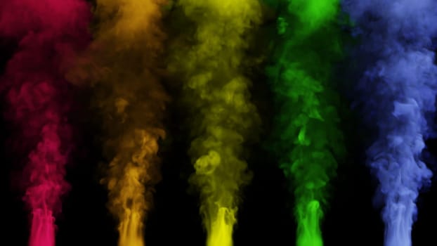 Clouds of multi-colored smoke rise up on a black background. 3d illustration