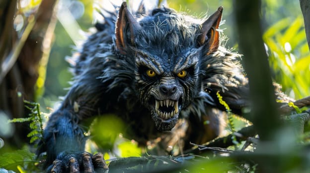 A close up of a werewolf with its mouth open and teeth bared