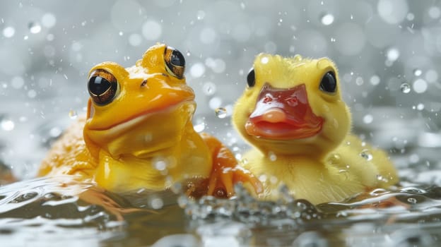 Two yellow frogs sitting in the water next to each other