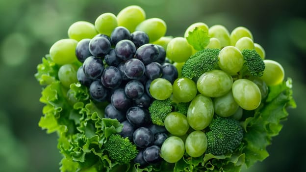 A bunch of grapes and broccoli are sitting on top of a leaf