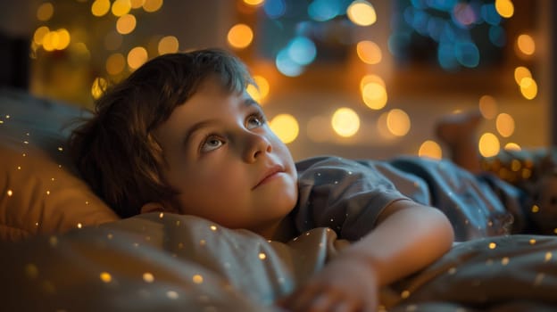 A young boy laying on a bed with lights in the background