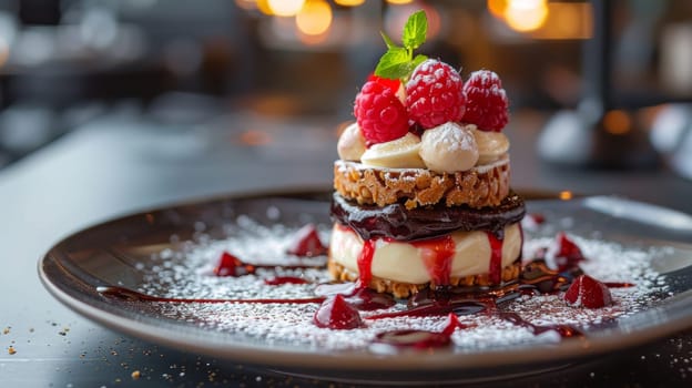 A dessert with raspberries and cream on top of a plate