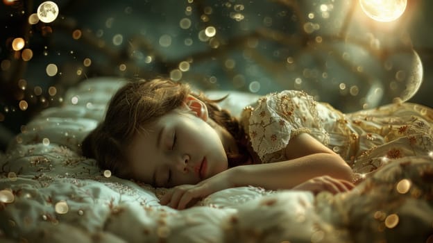 A little girl sleeping on a bed with stars and moonlight