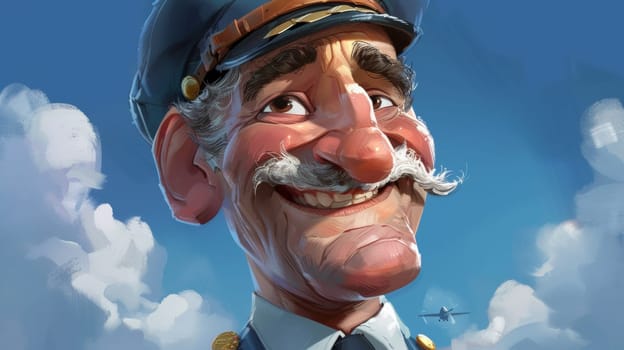 A cartoon of a man in uniform with an airplane flying behind him