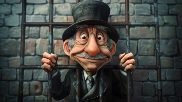 A cartoon character with a top hat and mustache behind bars