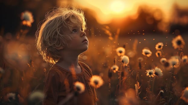 A little boy standing in a field of flowers with sun setting behind him