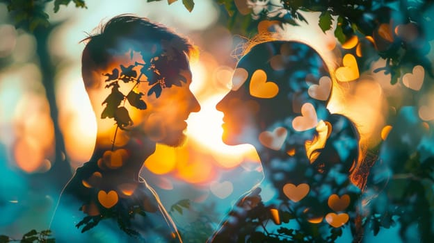 A couple kissing in front of a tree with hearts on it