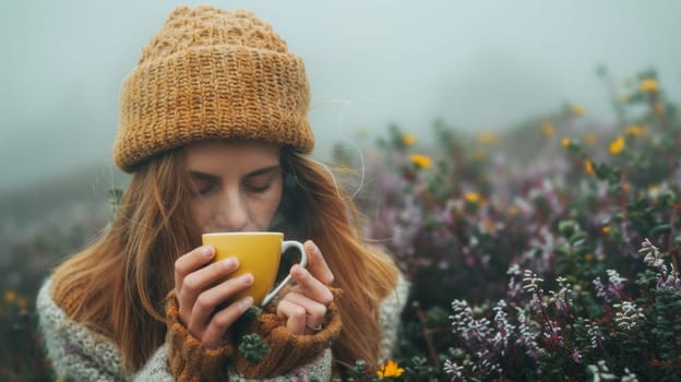 A woman in a knitted hat drinking from her cup