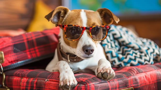 A dog wearing sunglasses sitting on a red and white plaid suitcase
