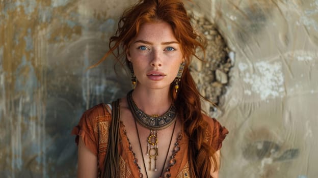 A woman with red hair wearing a necklace and earrings