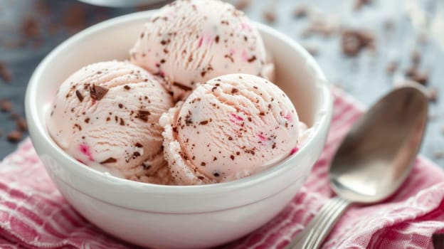 A bowl of ice cream with chocolate chips and sprinkles