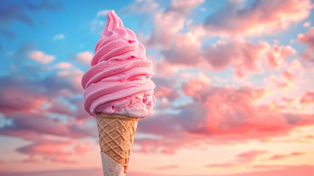 A close up of a pink ice cream cone with some clouds in the background