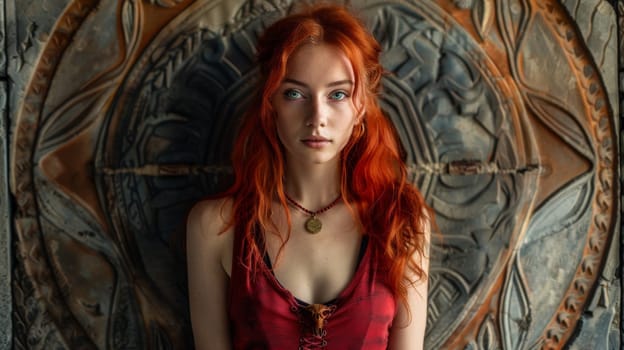 A woman with red hair posing in front of a wall