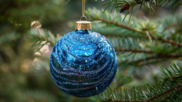 A blue christmas ornament hanging from a tree branch