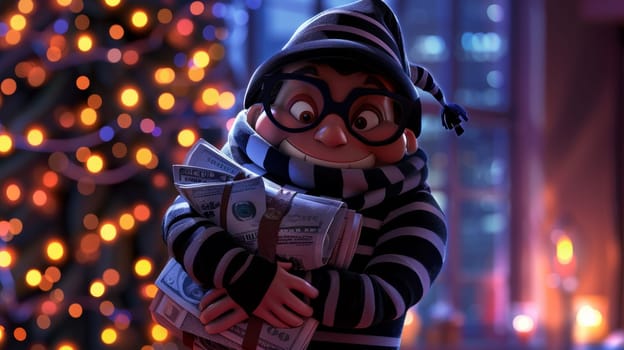 A cartoon character dressed in a striped shirt and glasses holding money