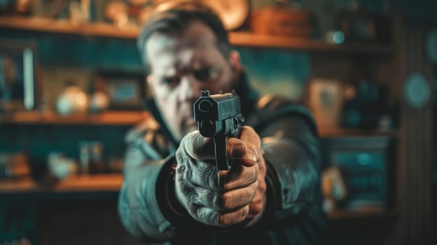 A man holding a gun in his hand and pointing it at the camera