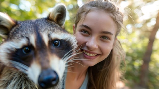 A woman smiling while holding a raccoon in her arms