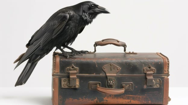 A black bird perched on a brown suitcase with white background