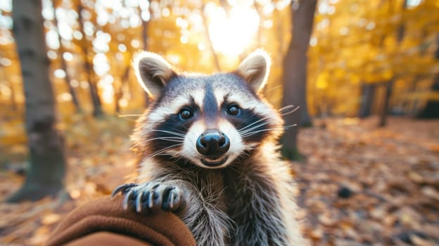 A raccoon is standing on a person's hand in the woods