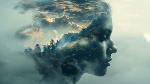 A woman's face with a mountain and clouds in the background