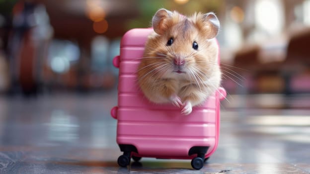 A hamster is sitting in a pink suitcase on the floor