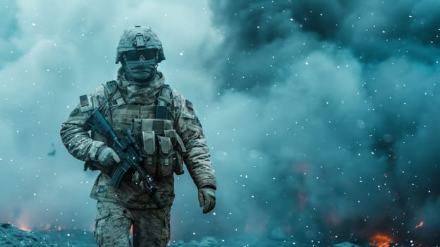 A soldier in a military uniform walking through smoke and fire