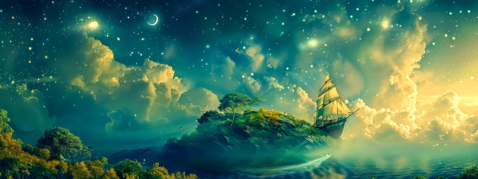 Dreamlike fantasy scene featuring an old ship sailing beside a floating island under a starry sky with crescent moon