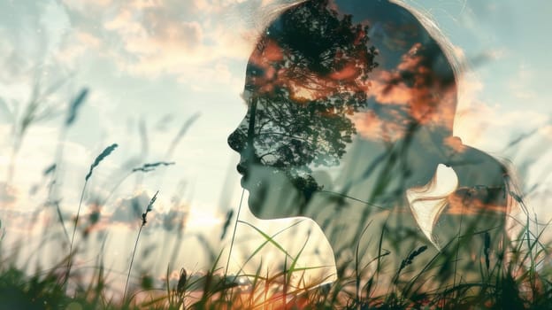 A double exposure of a woman's face in the grass