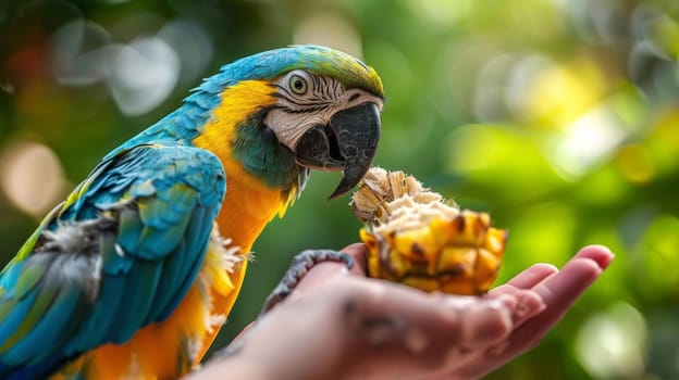 A parrot is eating a piece of fruit from someone's hand