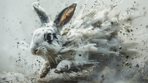 A rabbit is running through a cloud of white powder