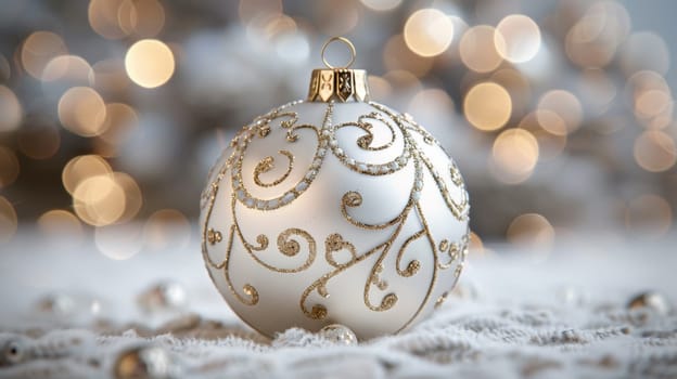 A white christmas ornament with gold decorations on a snowy background