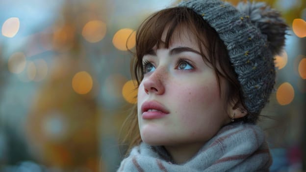 A woman wearing a hat and scarf looking up at the sky