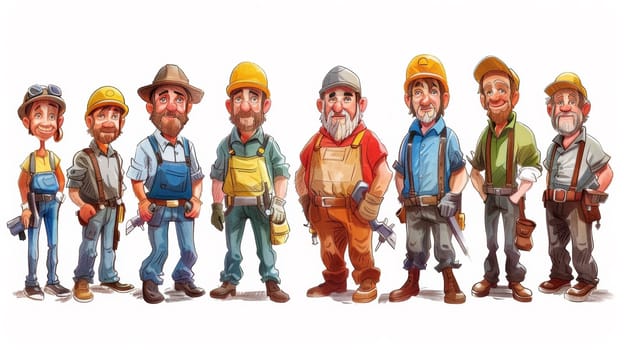 A group of cartoon construction workers with different hats and outfits
