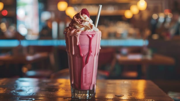 A milkshake with whipped cream and a cherry on top sitting in front of the bar