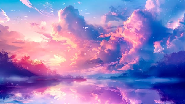 Vibrant and colorful sunset with pink clouds reflected on the calm waters of a serene lake