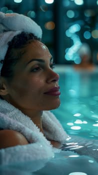 A woman in a pool with her head covered by towel