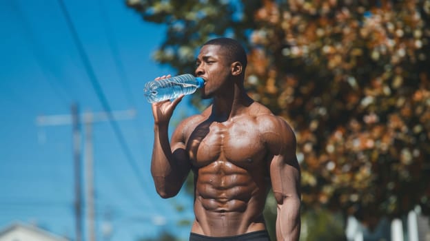 A man drinking water from a bottle while standing in the sun