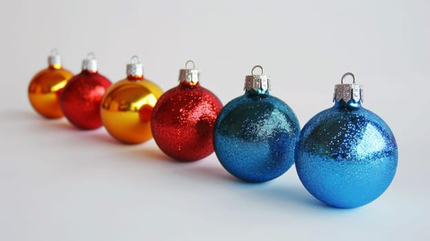 A row of christmas ornaments lined up in a line