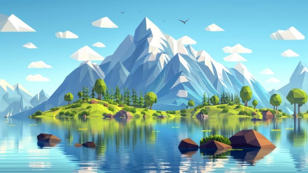 A low polygonal landscape of a mountain lake and trees