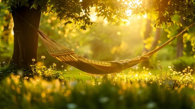 Tranquil hammock in a sunlit meadow during a warm summer sunset