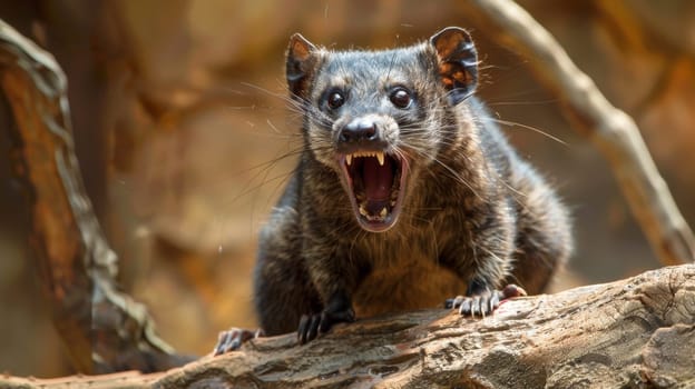 A small animal with its mouth open on a tree branch