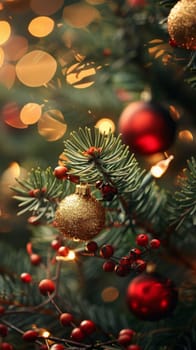 A close up of a christmas tree with red berries and gold ornaments