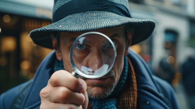 A man with a hat and coat looking through a magnifying glass