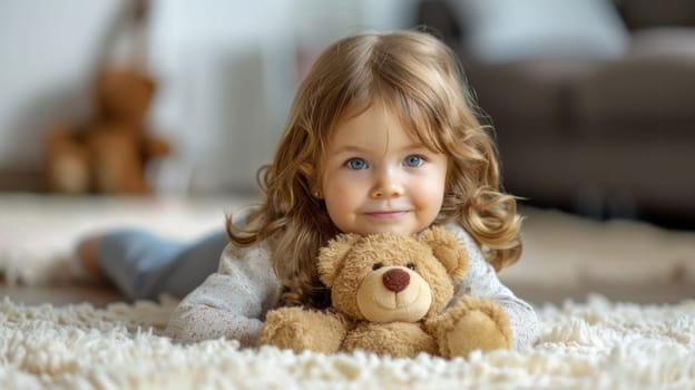 A little girl laying on the floor with a teddy bear
