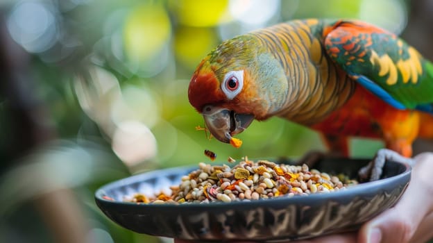 A colorful parrot eating from a bowl of food on the ground